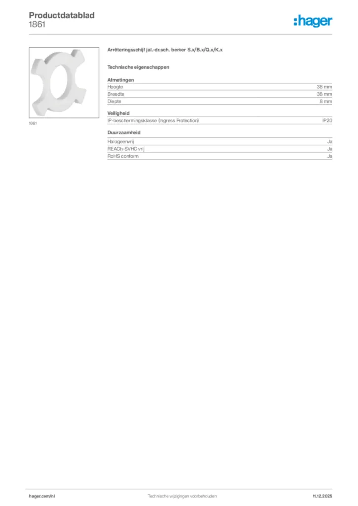 Afbeelding Hager Productdatablad 1861 | Hager Nederland