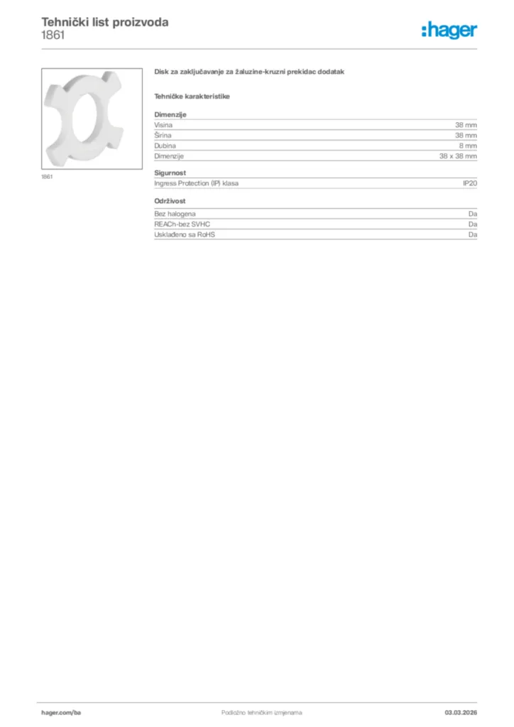 Slika Hager Tehnički list proizvoda 1861  | Hager
