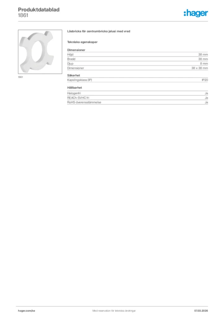 Bild Hager Produktdatablad 1861 | Hager Sverige