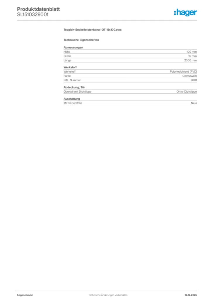 Bild Hager Produktdatenblatt SL1510329001 | Hager Deutschland