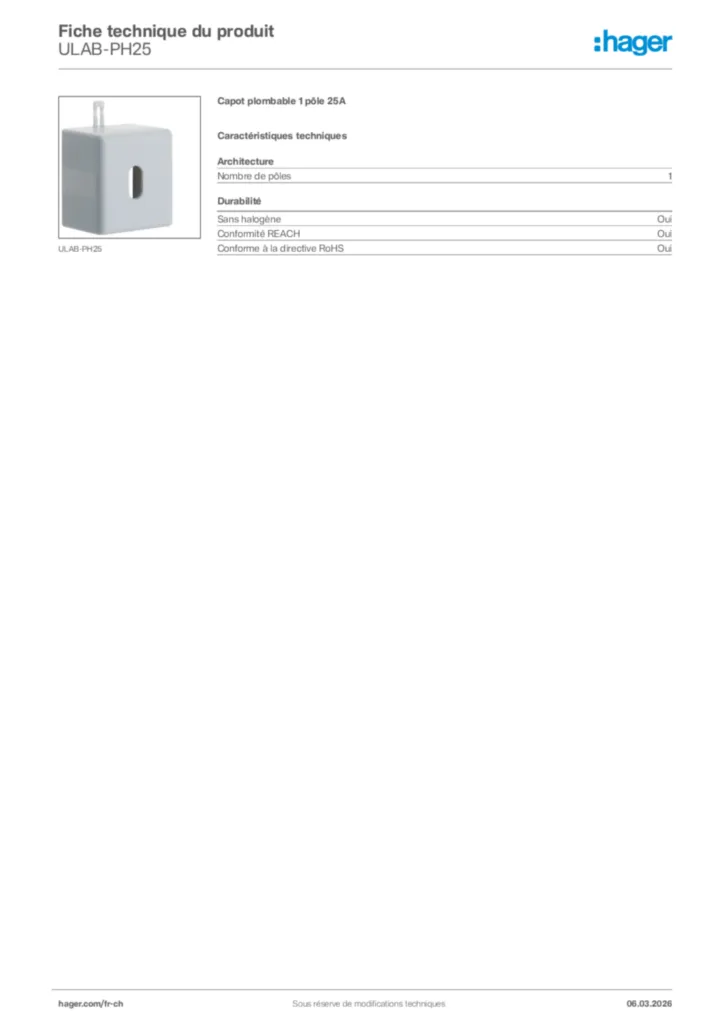 Image Hager Fiche technique du produit ULAB-PH25 | Hager Suisse