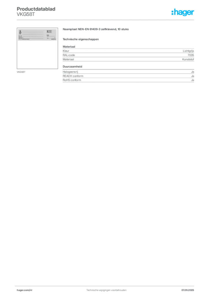 Afbeelding Hager Productdatablad VKG58T | Hager Nederland