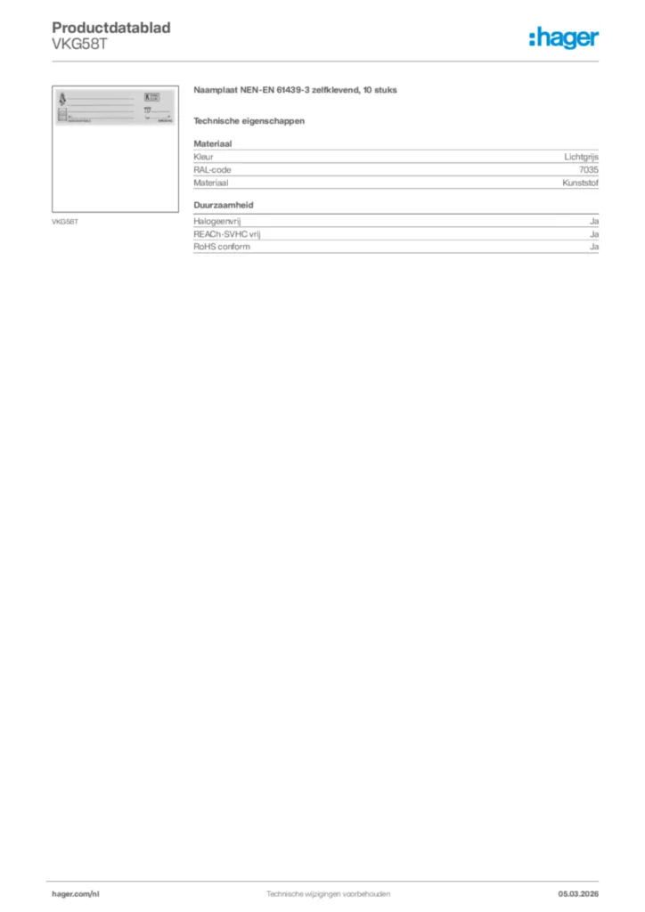 Afbeelding Hager Productdatablad VKG58T | Hager Nederland