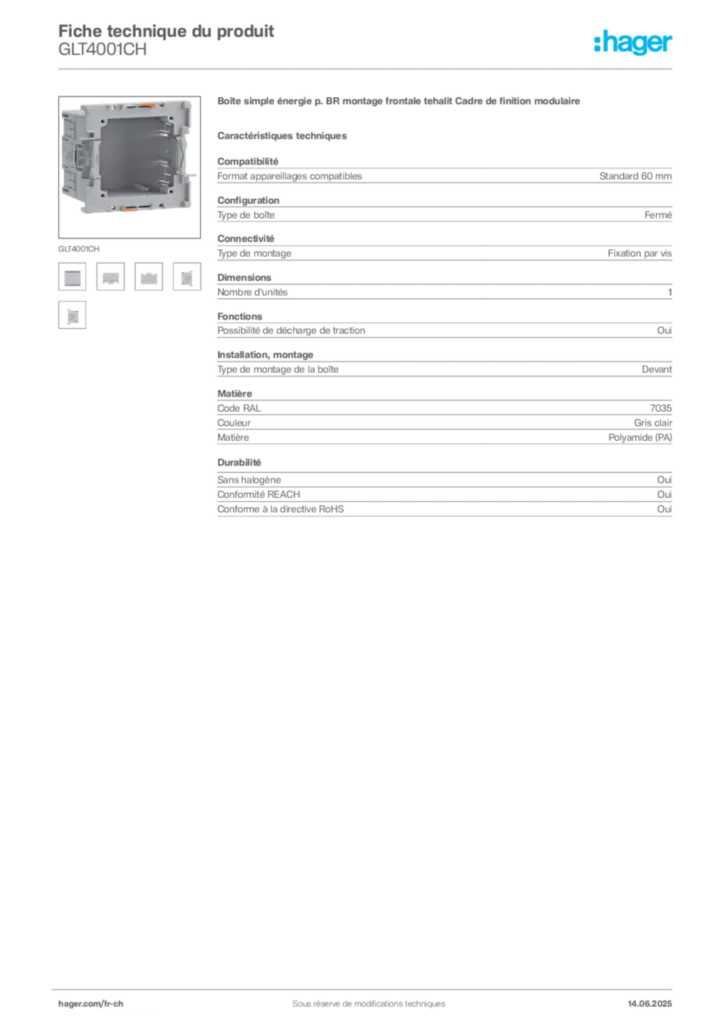 Image Hager Fiche technique du produit GLT4001CH | Hager Suisse