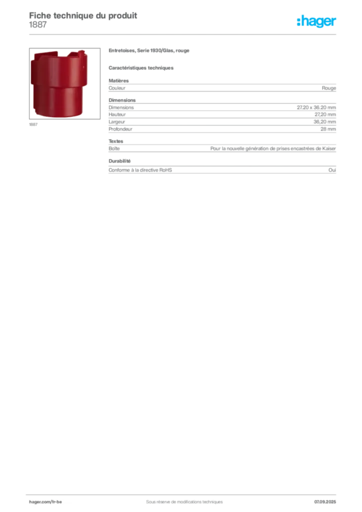 Image Hager Fiche technique du produit 1887 | Hager Belgique