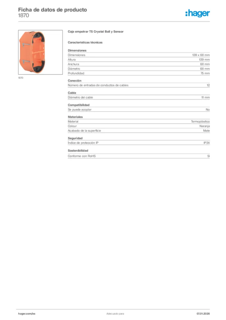 Imagen Hager Ficha de datos de producto 1870 | Hager España