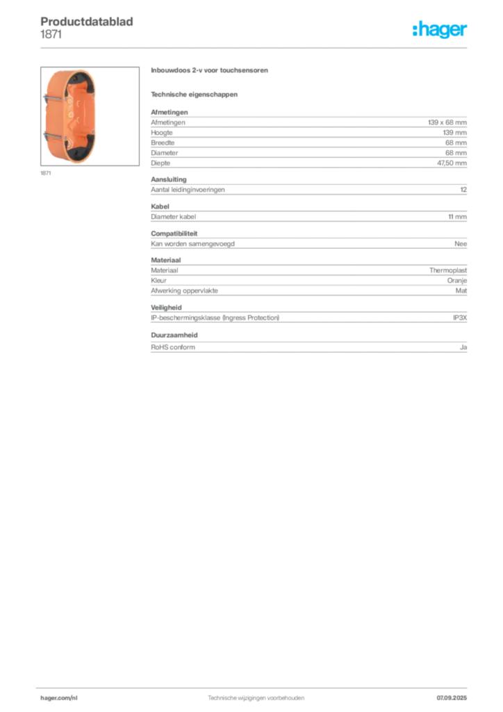 Afbeelding Hager Productdatablad 1871 | Hager Nederland