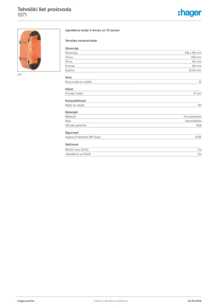 Slika Hager Tehnički list proizvoda 1871  | Hager