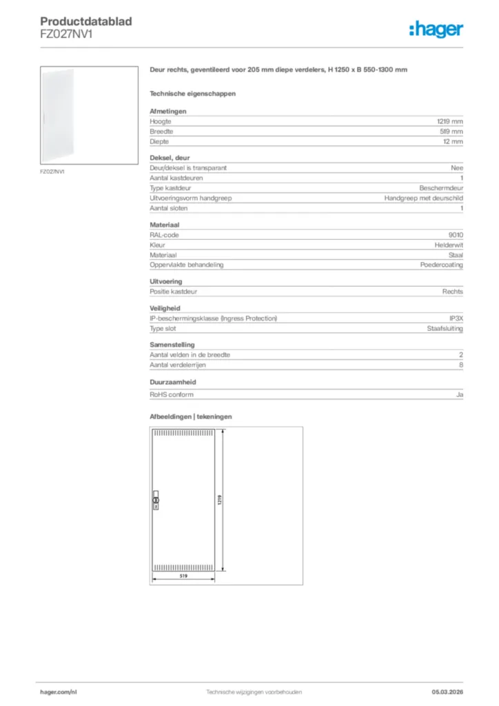 Afbeelding Hager Productdatablad FZ027NV1 | Hager Nederland