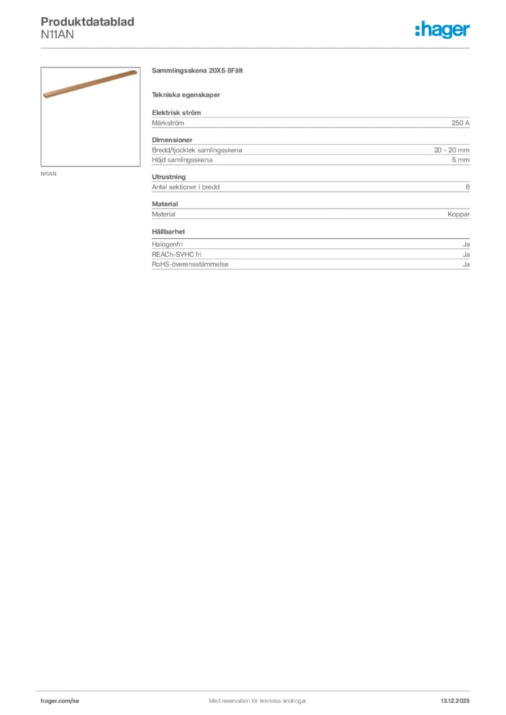 Bild Hager Produktdatablad N11AN | Hager Sverige