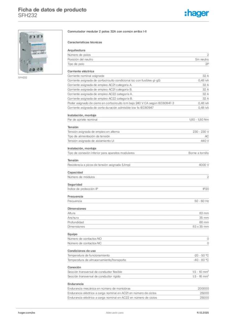 Imagen Hager Ficha de datos de producto SFH232 | Hager España