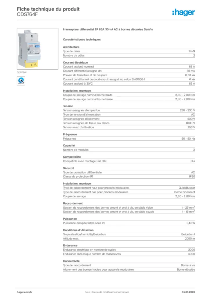 Image Hager Fiche technique du produit CDS764F | Hager France