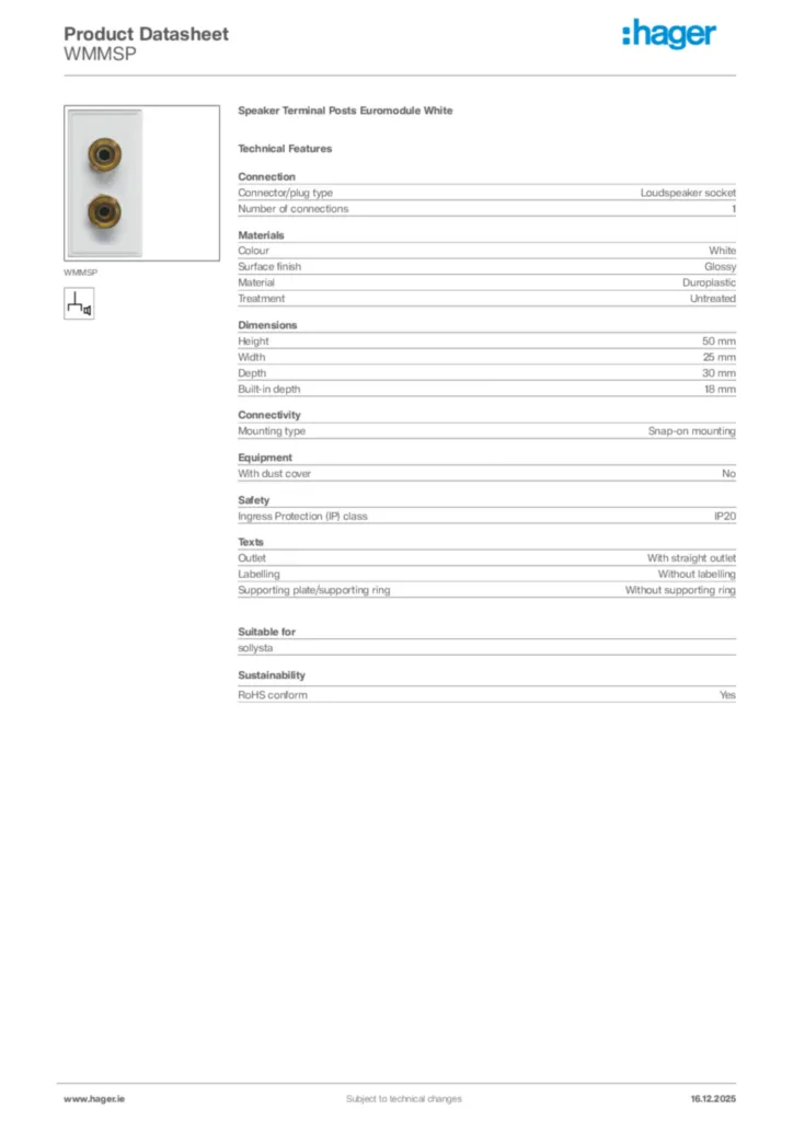 Image Hager Product data sheet WMMSP  | Hager