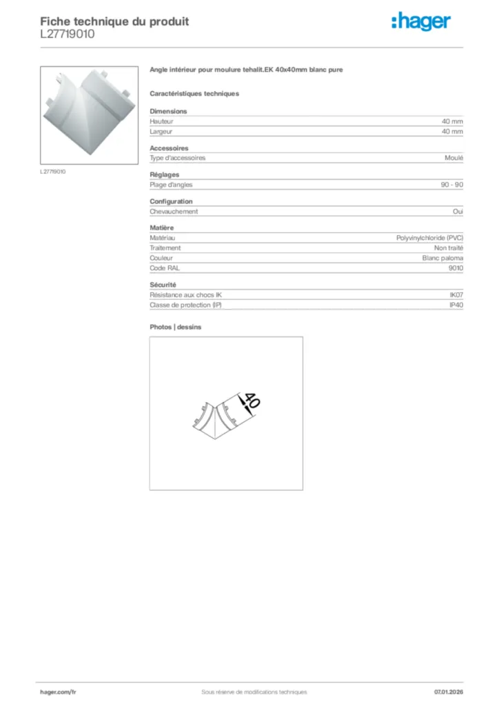 Image Hager Fiche technique du produit L27719010 | Hager France