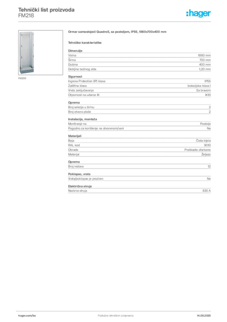 Slika Hager Product data sheet FM218  | Hager