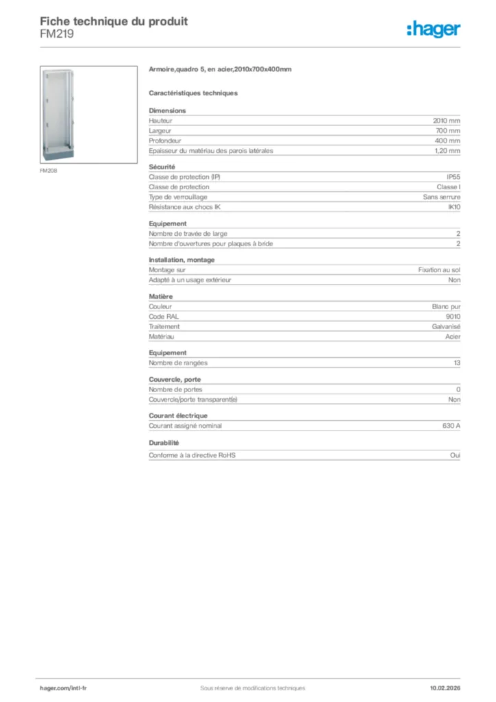 Image Hager Fiche technique du produit FM219 | Hager Afrique