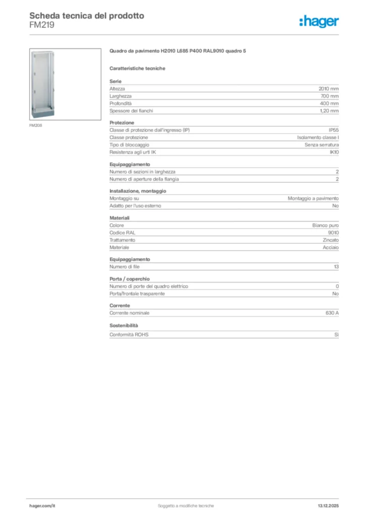 Immagine Hager Scheda tecnica del prodotto FM219 | Hager Italia