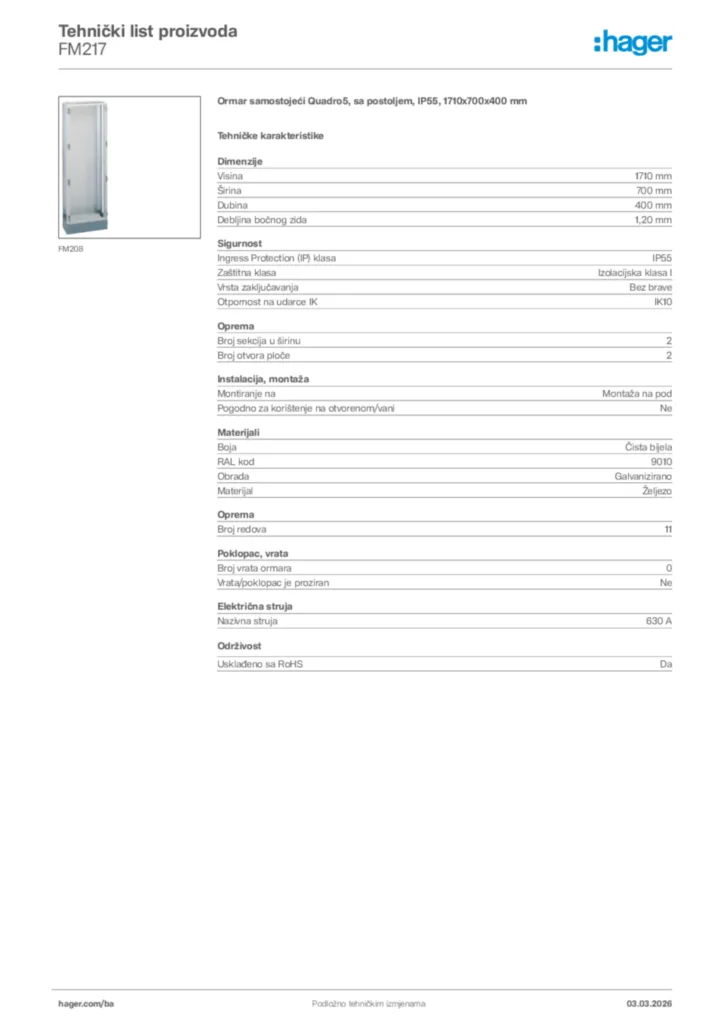 Slika Hager Tehnički list proizvoda FM217  | Hager