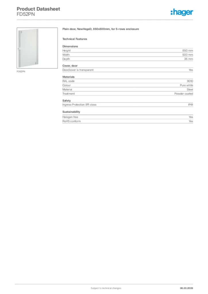 Image Hager Product data sheet FD52PN  | Hager Africa
