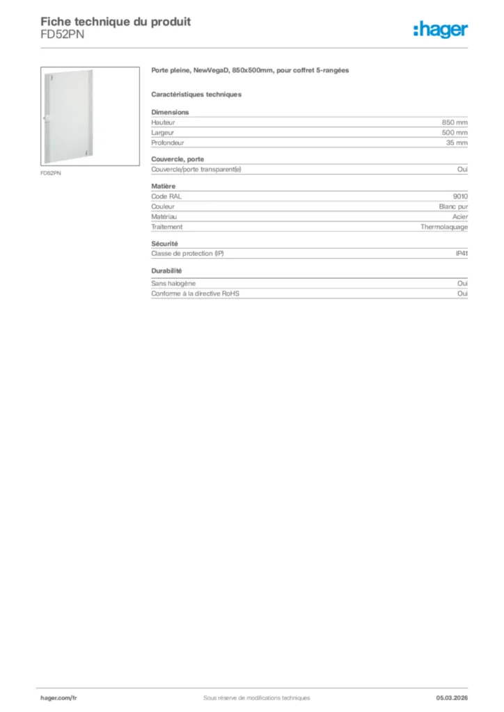 Image Hager Fiche technique du produit FD52PN | Hager France
