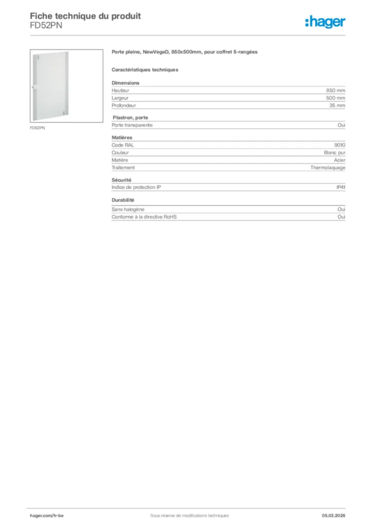 Image Hager Fiche technique du produit FD52PN | Hager Belgique