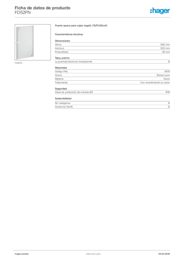 Imagen Hager Ficha de datos de producto FD52PN | Hager España