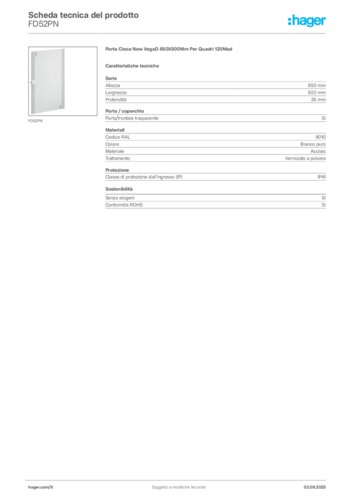 Immagine Hager Scheda tecnica del prodotto FD52PN | Hager Italia