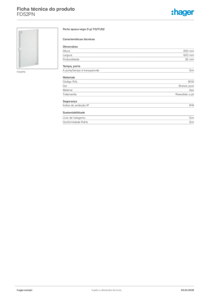 Imagem Hager Ficha técnica do produto FD52PN | Hager Portugal