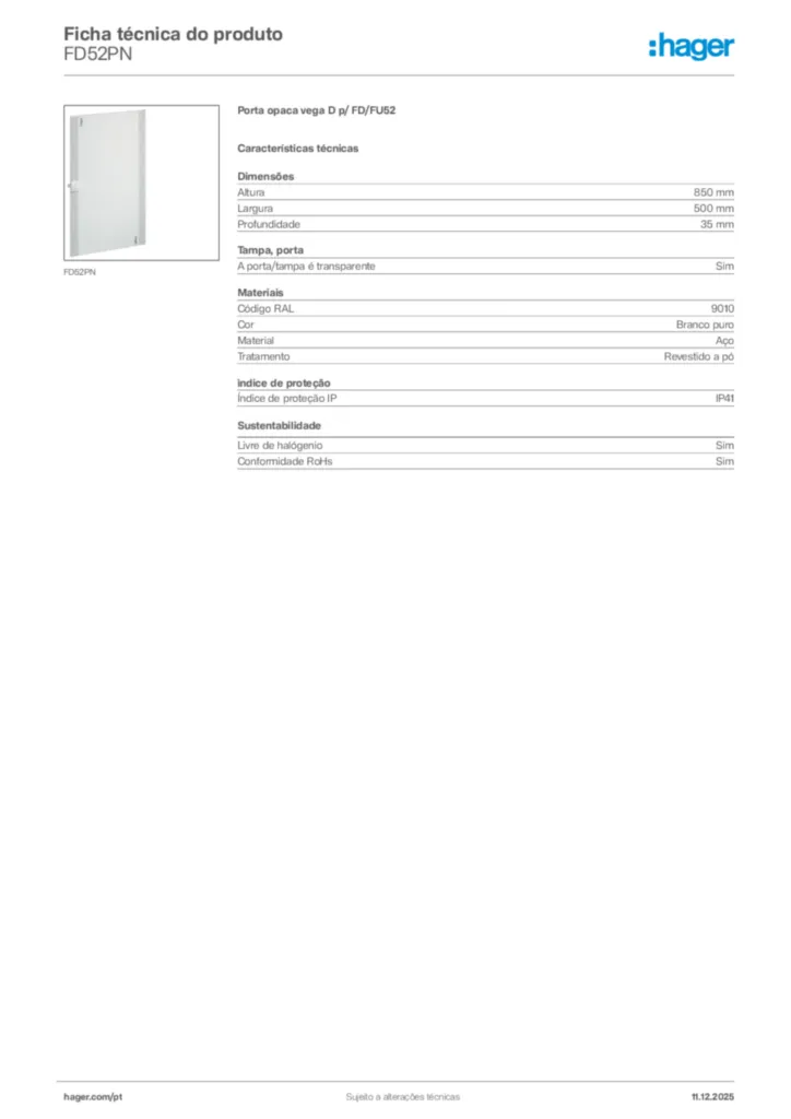 Imagem Hager Ficha técnica do produto FD52PN | Hager Portugal