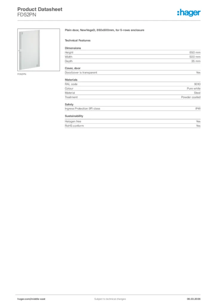 Image Hager Product data sheet FD52PN  | Hager