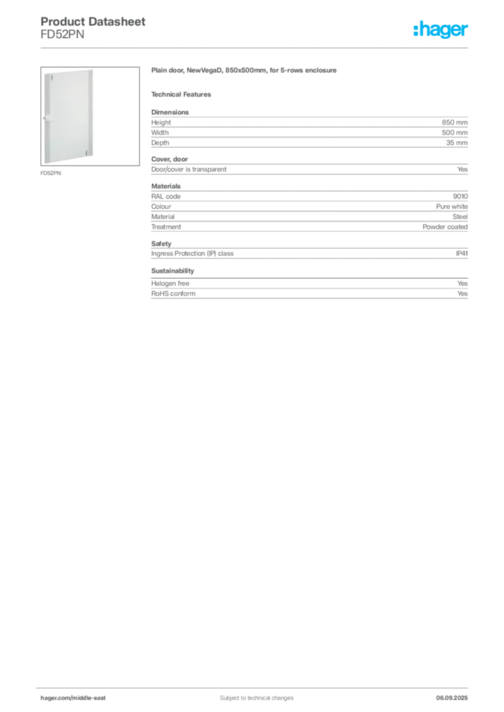 Image Hager Product data sheet FD52PN  | Hager
