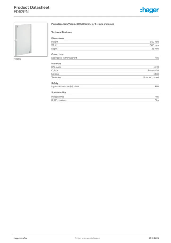 Image Hager Product data sheet FD52PN  | Hager Australia