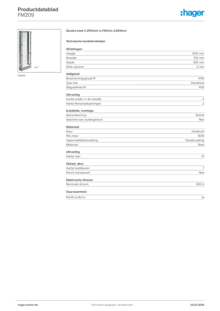 Afbeelding Hager Productdatablad FM209 | Hager Belgium