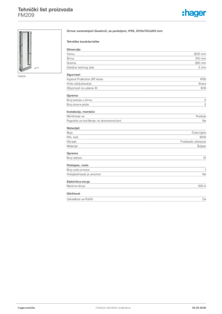 Slika Hager Tehnički list proizvoda FM209  | Hager