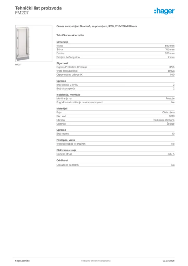 Slika Hager Tehnički list proizvoda FM207  | Hager