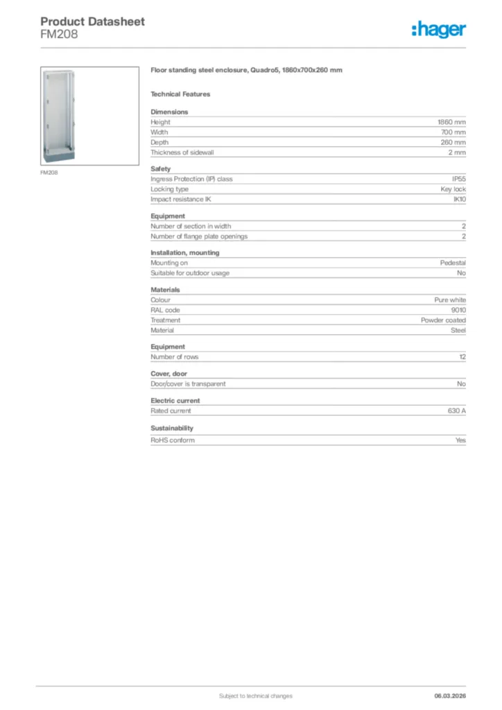Image Hager Product data sheet FM208  | Hager Africa