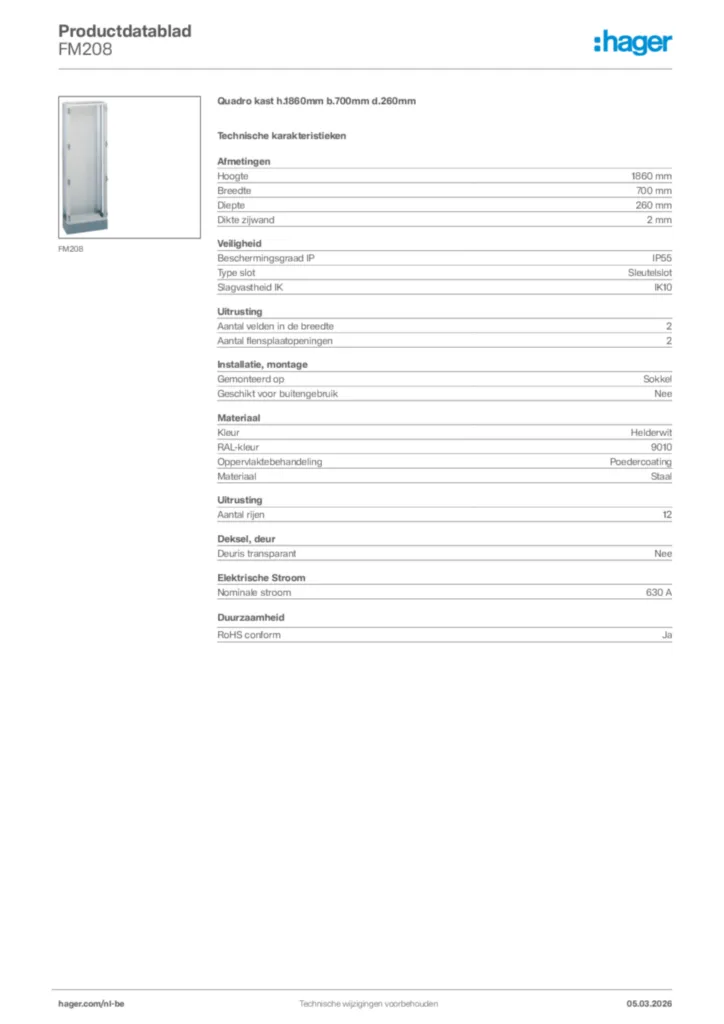 Afbeelding Hager Productdatablad FM208 | Hager Belgium