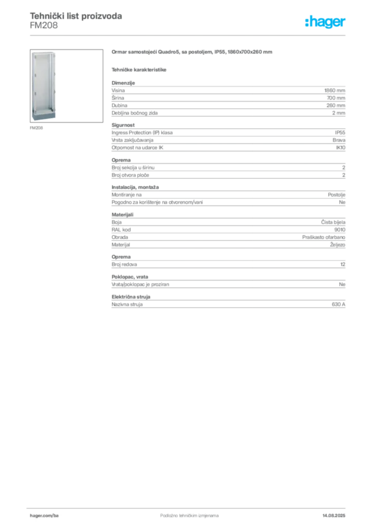 Slika Hager Product data sheet FM208  | Hager