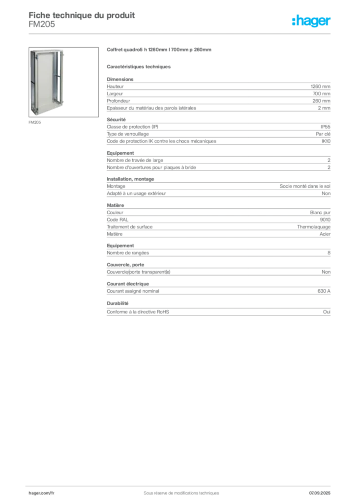 Image Hager Fiche technique du produit FM205 | Hager France