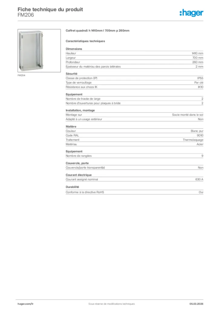 Image Hager Fiche technique du produit FM206 | Hager France