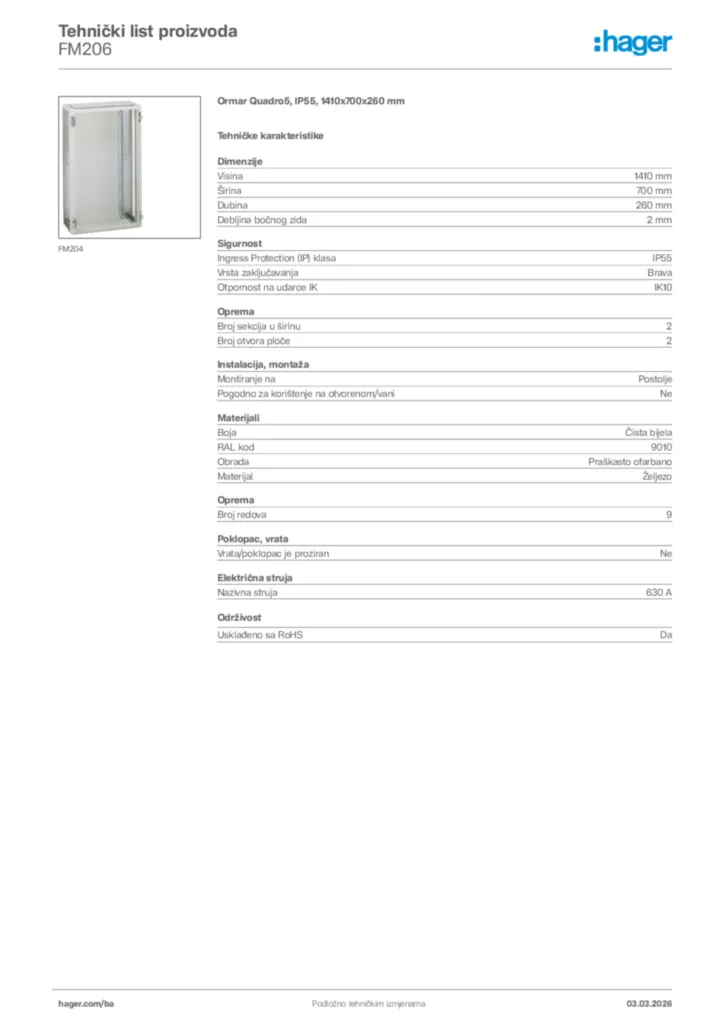 Slika Hager Tehnički list proizvoda FM206  | Hager