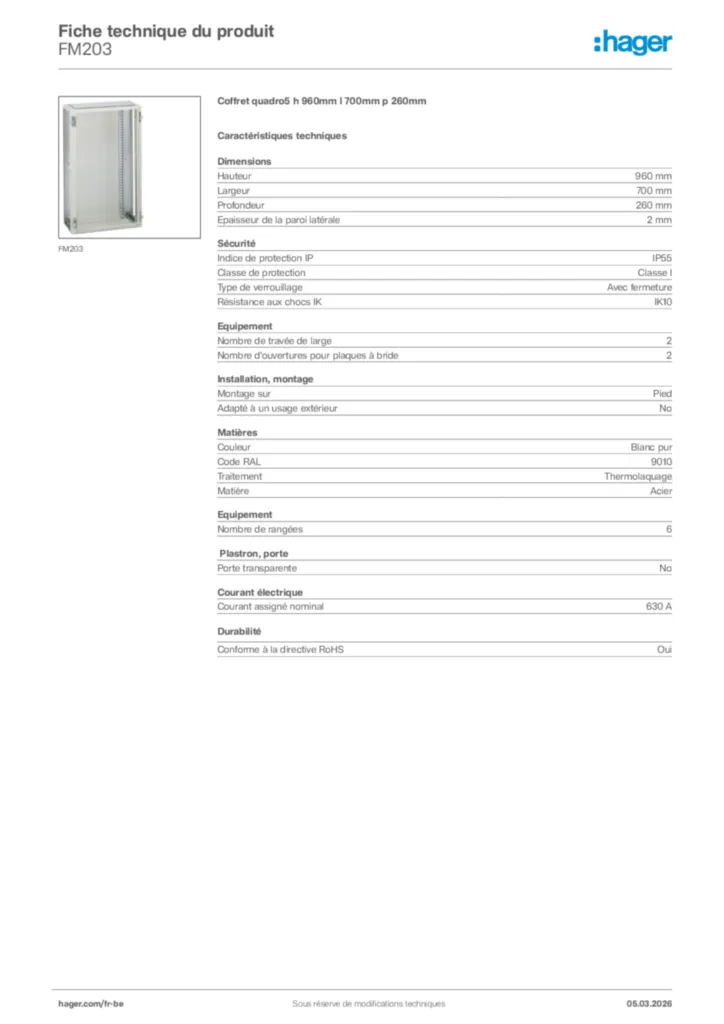 Image Hager Fiche technique du produit FM203 | Hager Belgique