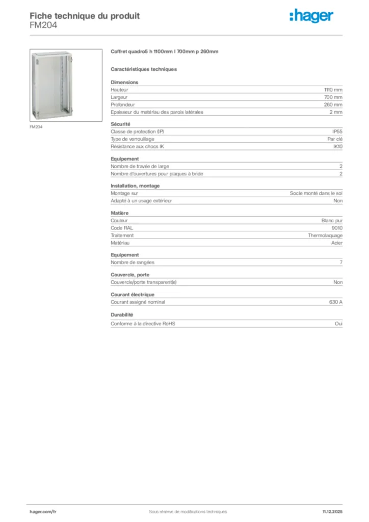 Image Hager Fiche technique du produit FM204 | Hager France