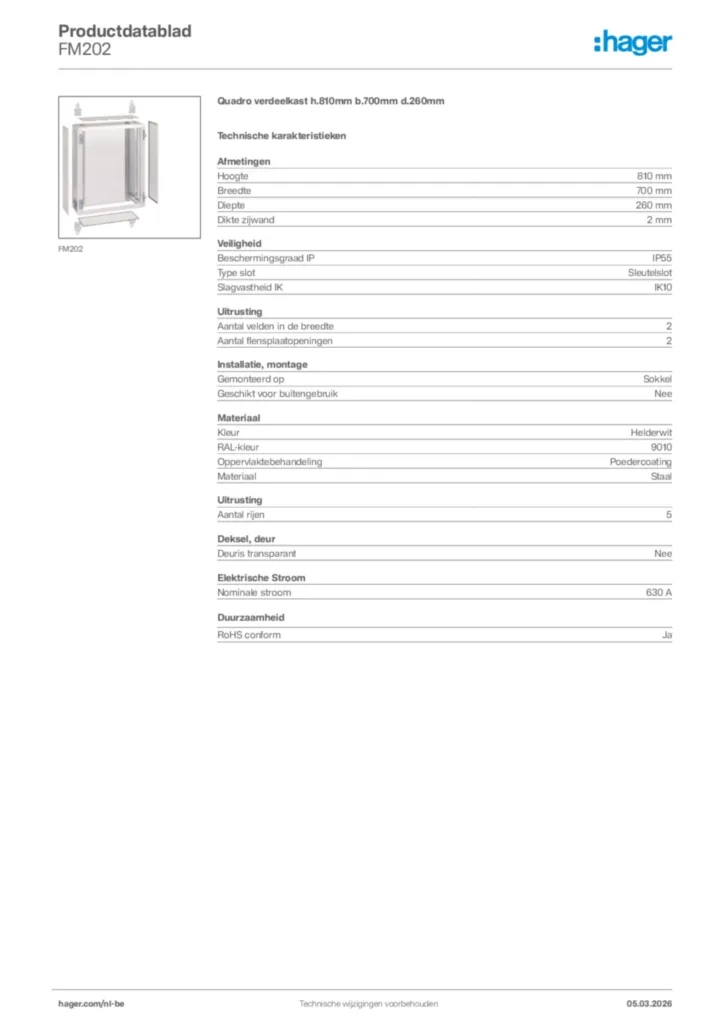 Afbeelding Hager Productdatablad FM202 | Hager Belgium