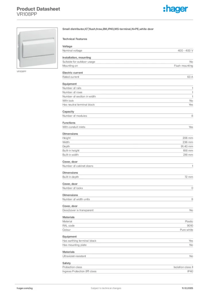 Image Hager Product data sheet VR108PP  | Hager