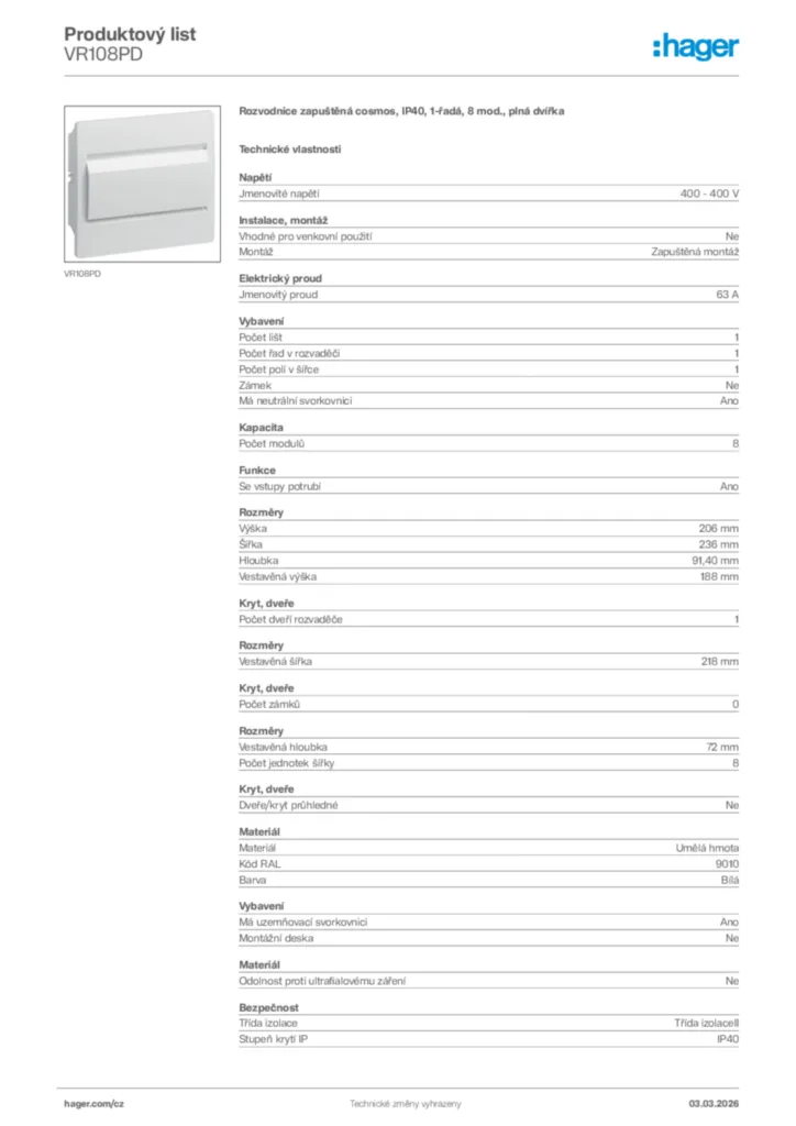 Obrázek Hager Product data sheet VR108PD | Hager