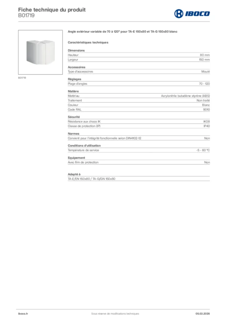 Image Iboco Fiche technique du produit B01719 | Hager France