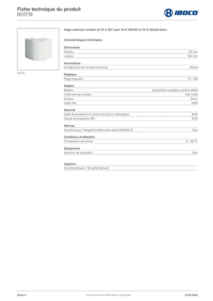 Image Iboco Fiche technique du produit B01719 | Hager France