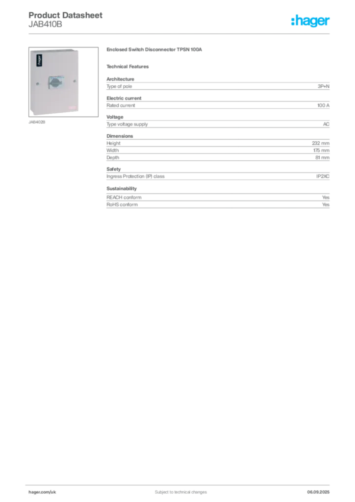 Image Hager Product data sheet JAB410B  | Hager