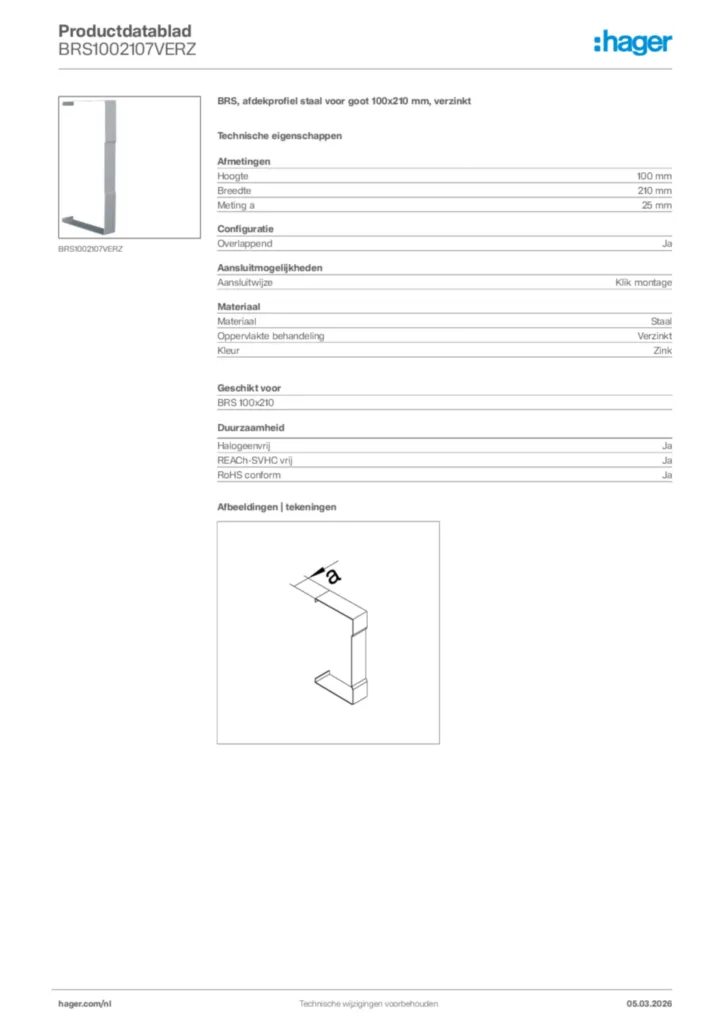 Afbeelding Hager Productdatablad BRS1002107VERZ | Hager Nederland